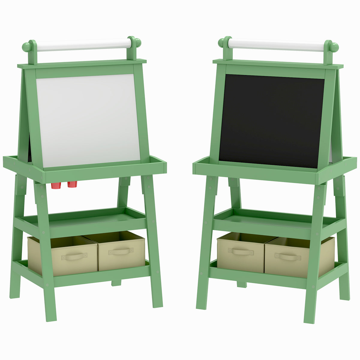 Photo of AIYAPLAY 3 in 1 Kids Easel Double-Sided Magnetic Whiteboard and Chalkboard with Paper Roll, Storage Baskets - Green in Green colour on a white background