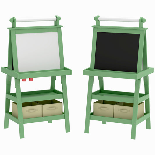 Photo of AIYAPLAY 3 in 1 Kids Easel Double-Sided Magnetic Whiteboard and Chalkboard with Paper Roll, Storage Baskets - Green in Green colour on a white background