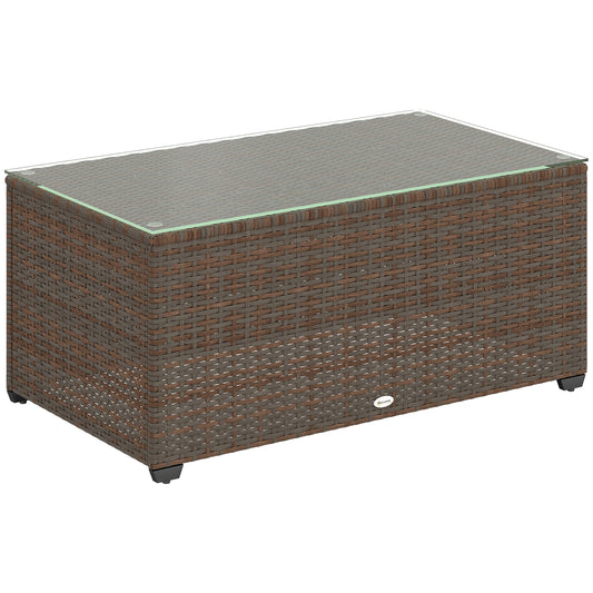 Photo of Outsunny 90 x 50cm Glass-Top Rattan Side Table - Brown in Brown colour on a white background