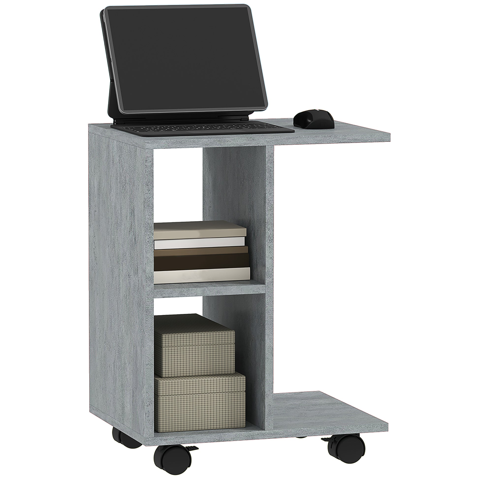 Photo of HOMCOM C-Shape End Table Unique Storage Unit w/ 2 Shelves 4 Wheels Freestanding Home Office Furniture Cabinet Square Studio Grey in Grey colour on a white background