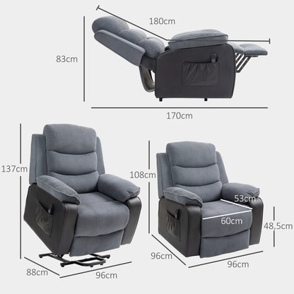 Dark grey corduroy electric lift chair with reclining and upright dimensions