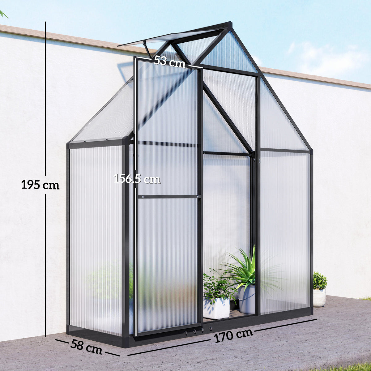 Outsunny 5.5 x 2ft Polycarbonate Greenhouse, Quick Setup Walk in Green House, Push Door, Adjustable Roof Vent, Rain Gutter, Black