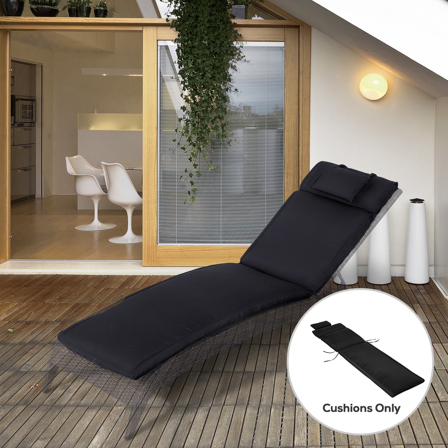 Outsunny Garden Sun Lounger Cushion Replacement Soft Sunbed Reclining Chair Relaxer Pad with Pillow, Cushion ONLY - Black