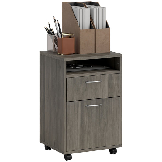 Photo of HOMCOM Filing Cabinet, Mobile File Cabinet with 2 Drawers, Office Home Organiser on Wheels for A4, Letter-Size File Folders, Mobile Printer with Open Shelf, Grey in Grey colour on a white background