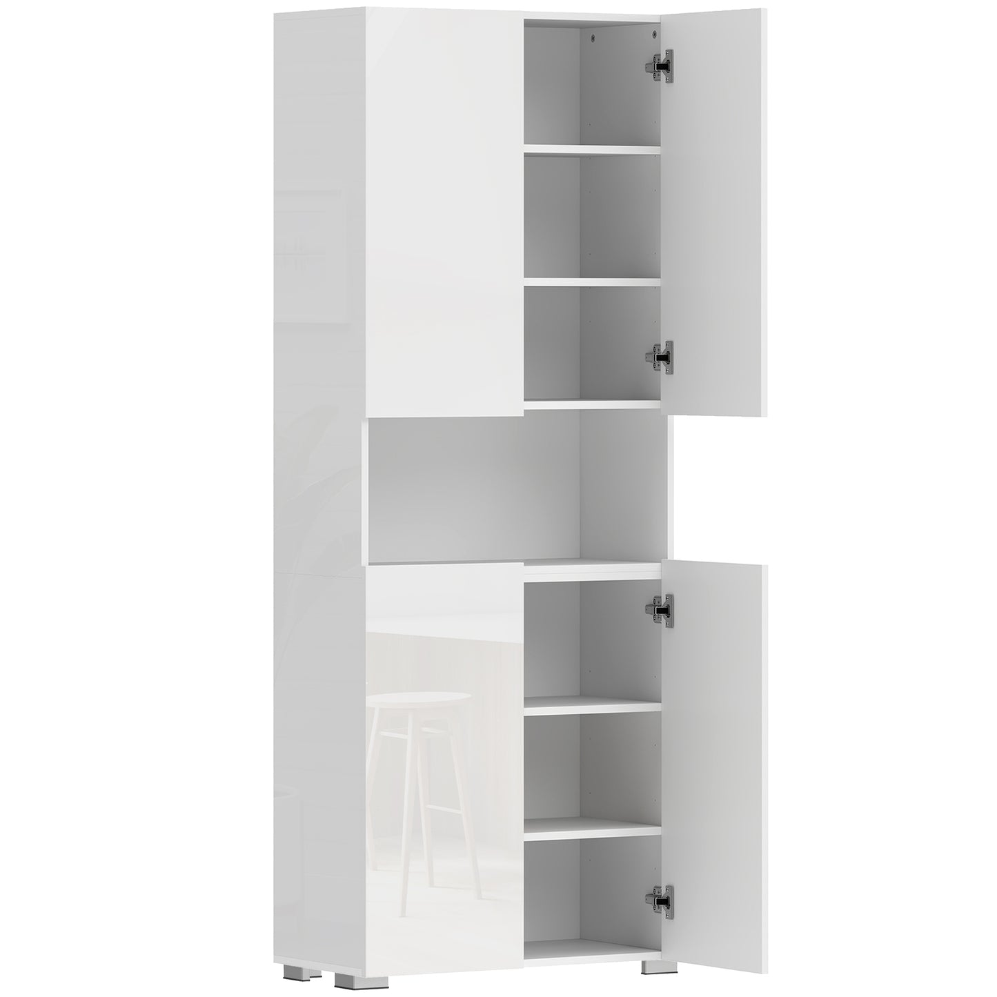 Photo of HOMCOM 180 cm Tall Kitchen Cupboard, Pantry Storage Cabinet with Soft Close Doors and Adjustable Shelves, High Gloss White in White colour on a white background