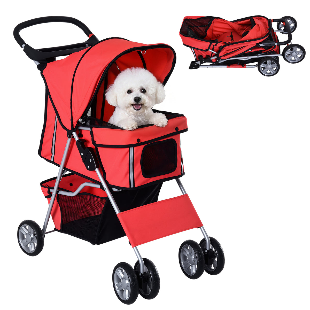 Red folding pet stroller with mesh windows, storage basket and a small dog