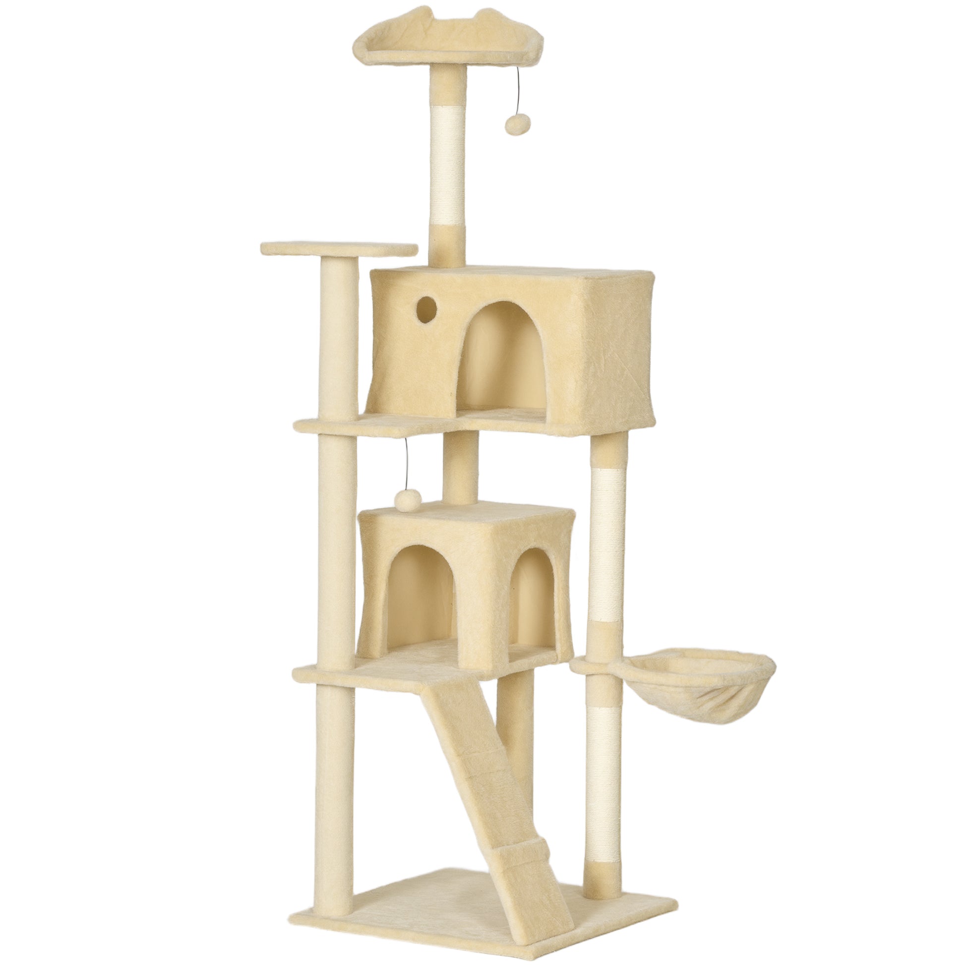 Photo of PawHut 180cm Large Cat Tree Tower with Sisal Scratching Posts, Condos, Plush Perches, Hammock, Ladder, Beige in Beige colour on a white background