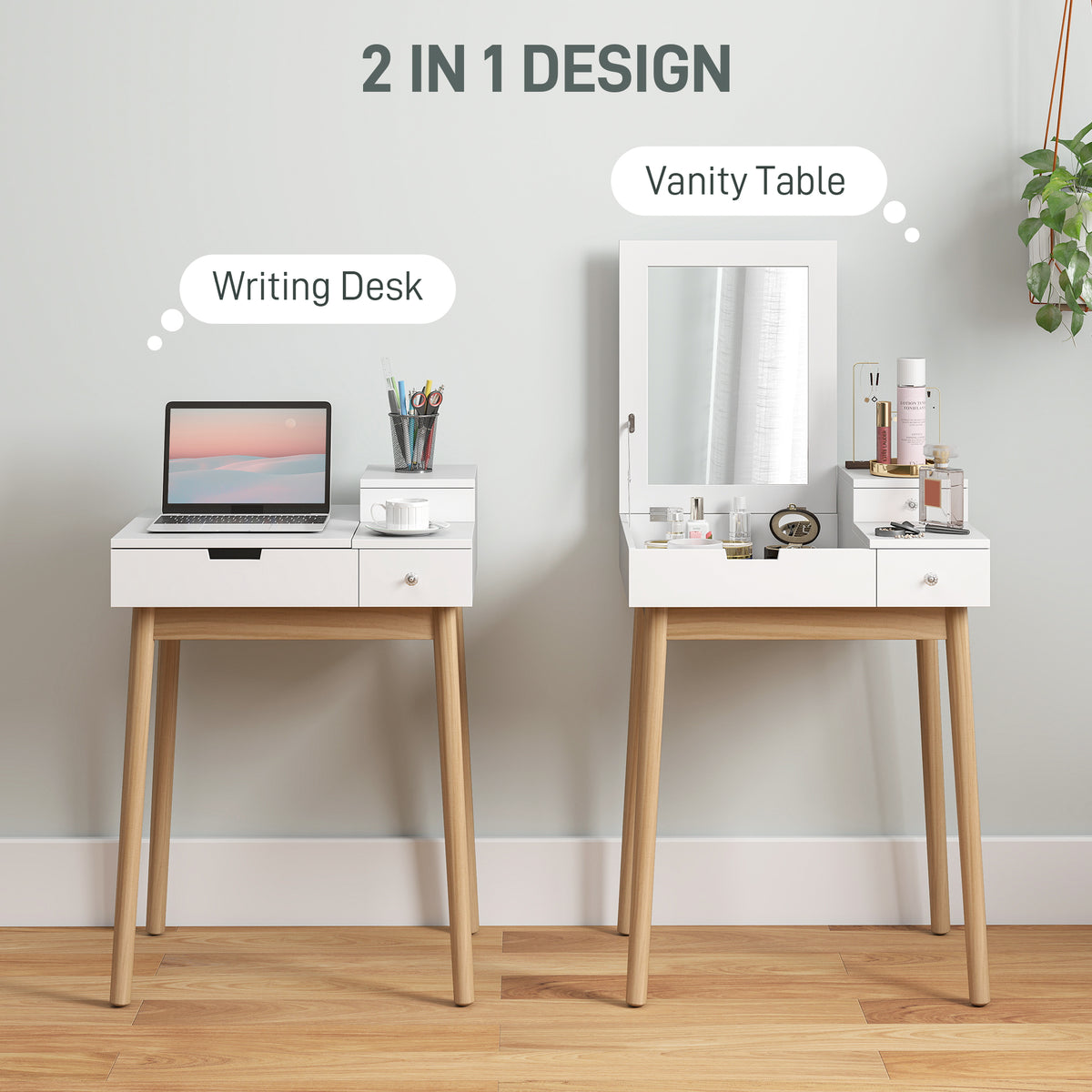 White vanity table with mirror beside its writing desk configuration