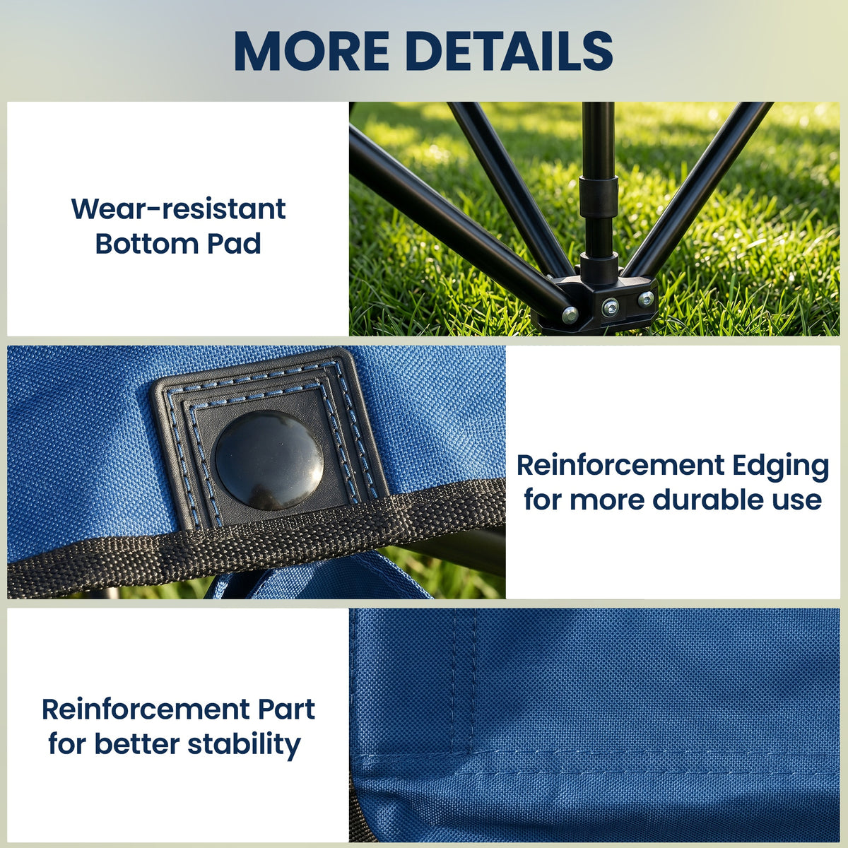 Close-up details of the chair's reinforced fabric edges, seat support, and metal frame