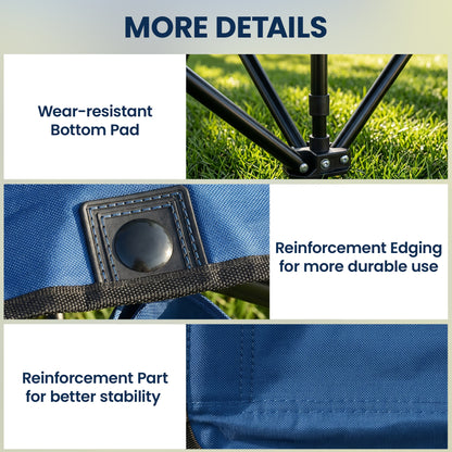 Close-up details of the chair's reinforced fabric edges, seat support, and metal frame