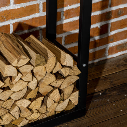 Close-up of split firewood stacked in a black metal rack