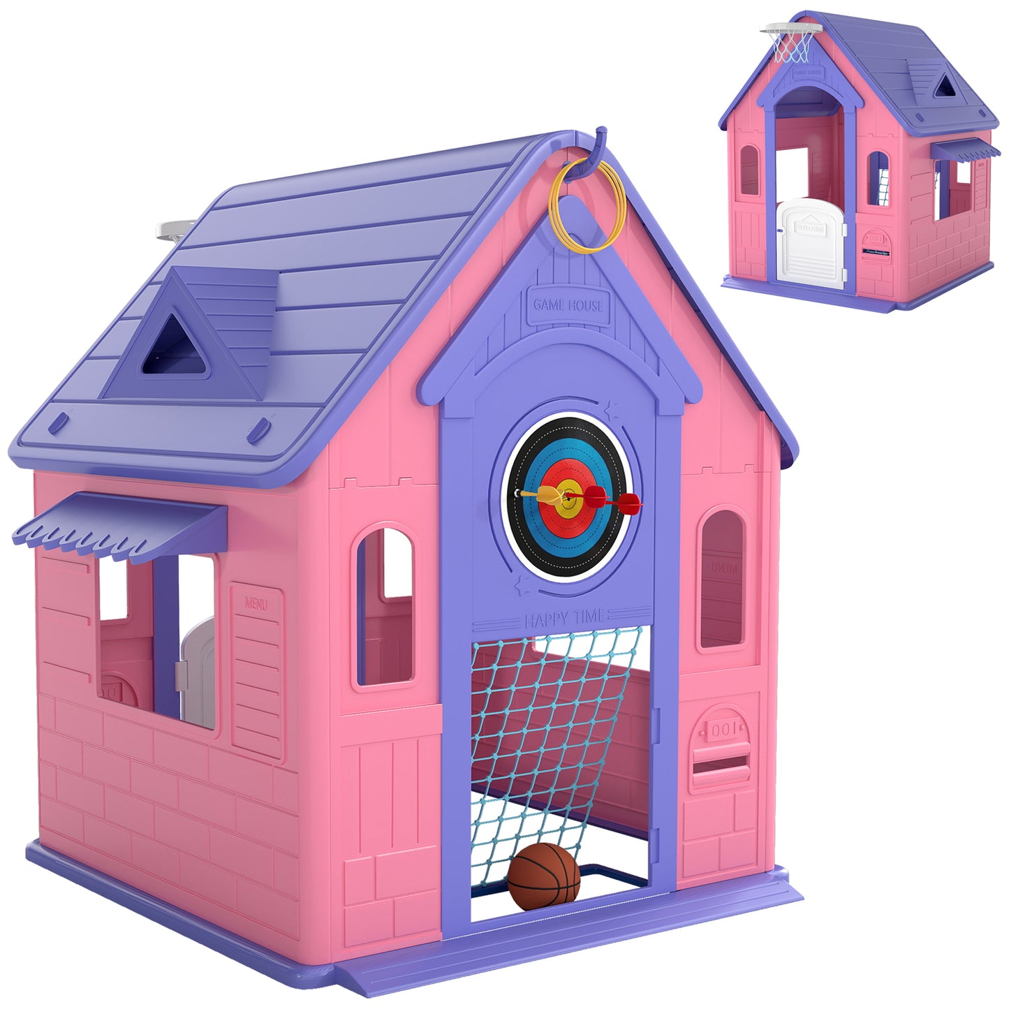 Photo of AIYAPLAY 5-in-1 Playhouse for Kids Outdoor Indoor with Basketball Hoop, Football Goal, Dartboard, Ring Toss for 2-5 Years, Pink in Pink colour on a white background