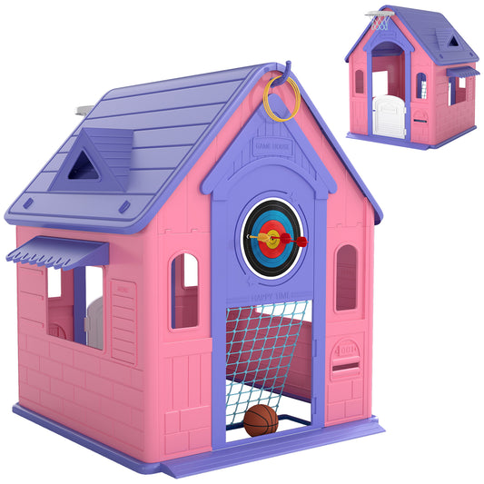 Photo of AIYAPLAY 5-in-1 Playhouse for Kids Outdoor Indoor with Basketball Hoop, Football Goal, Dartboard, Ring Toss for 2-5 Years, Pink in Pink colour on a white background