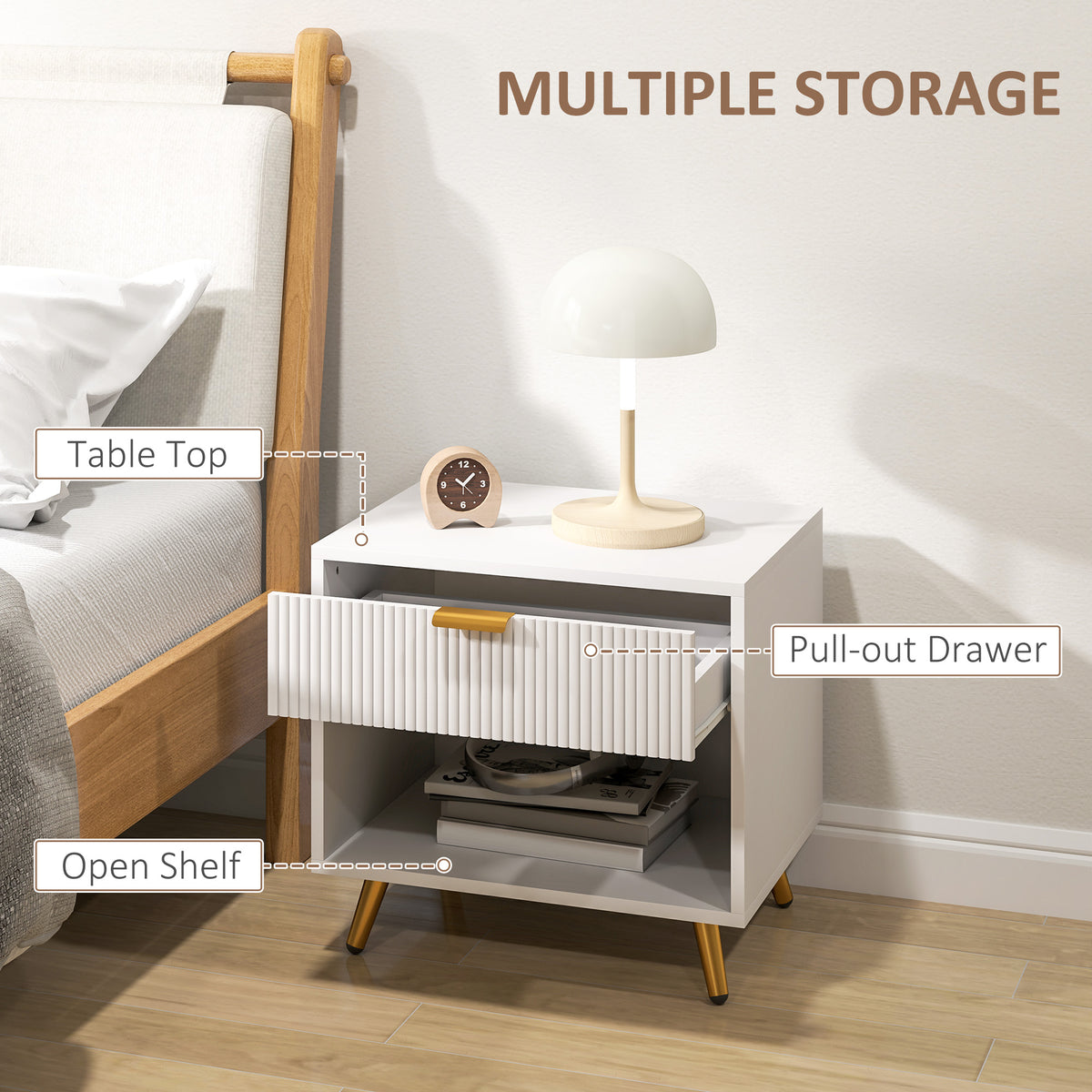 Bedside table with pull-out drawer, open shelf, and gold-tone legs
