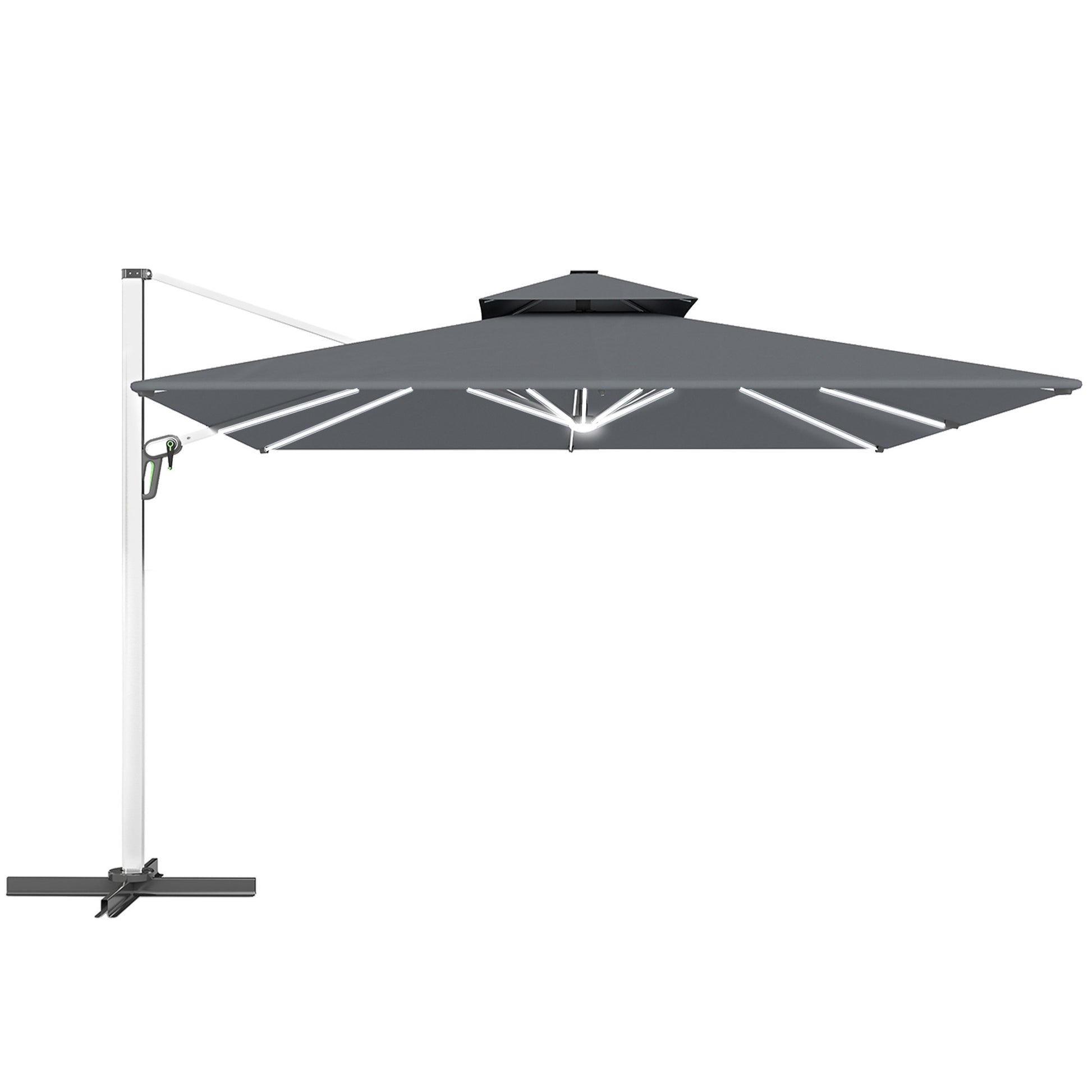 Photo of Outsunny 3(m) Garden Cantilever Parasol with Solar LED Lights, Cross Base, 360° Rotation, Crank Handle and Tilt, Grey in Grey colour on a white background