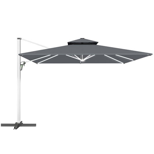 Photo of Outsunny 3(m) Garden Cantilever Parasol with Solar LED Lights, Cross Base, 360° Rotation, Crank Handle and Tilt, Grey in Grey colour on a white background
