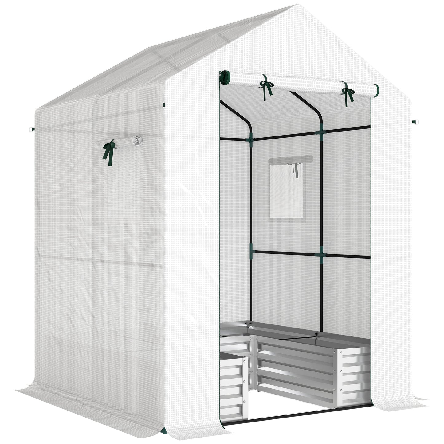 Photo of Outsunny Small Greenhouse with Raised Garden Bed, Galvanised Walk-in Greenhouse with Roll Up Windows, 141 x 141 x 190 cm, White in White colour on a white background