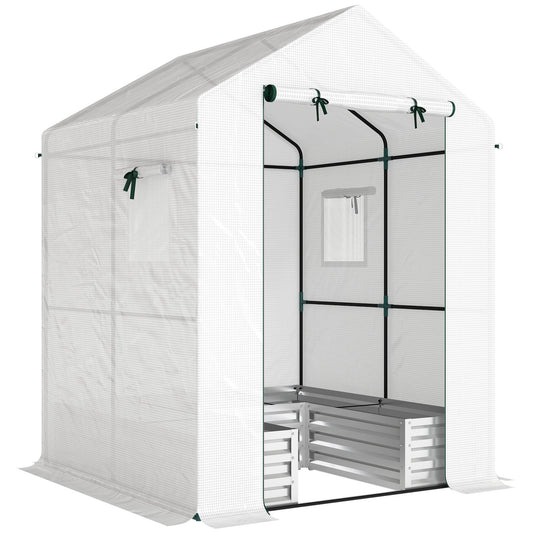 Photo of Outsunny Small Greenhouse with Raised Garden Bed, Galvanised Walk-in Greenhouse with Roll Up Windows, 141 x 141 x 190 cm, White in White colour on a white background