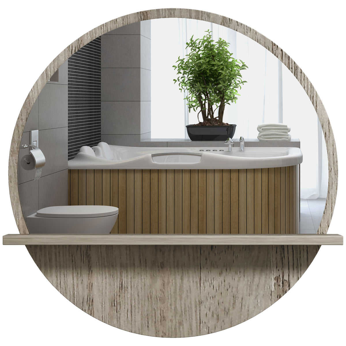Photo of kleankin 45cm Round Home Mirror, with Shelf - Grey Wood-Effect in Wood-Effect colour on a white background