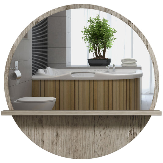 Photo of kleankin 45cm Round Home Mirror, with Shelf - Grey Wood-Effect in Wood-Effect colour on a white background