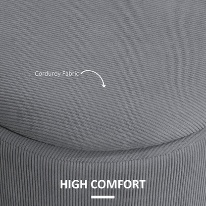 Close-up of the grey corduroy ottoman's ribbed fabric and padded lid