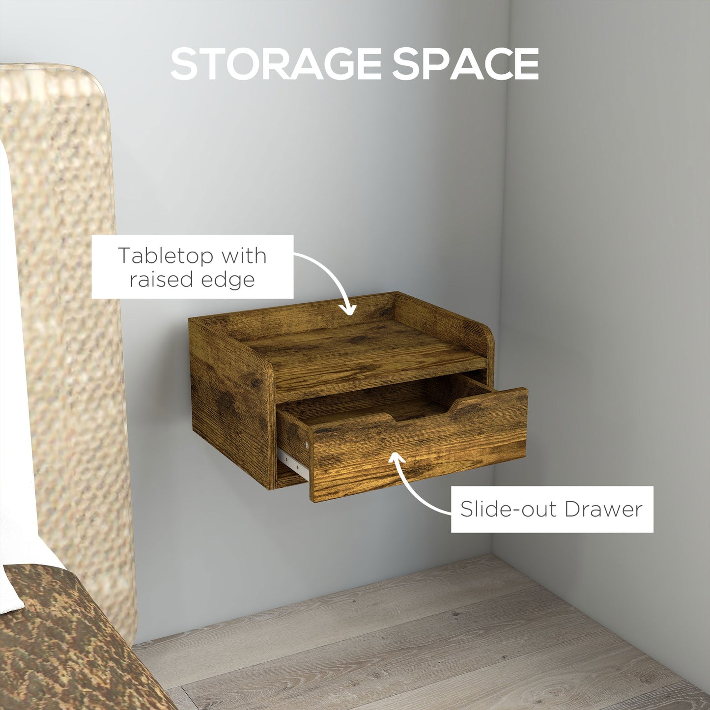 HOMCOM Floating Nightstands Set of 2, Wall Mounted Bedside Table with Drawer for Bedroom, Rustic Brown