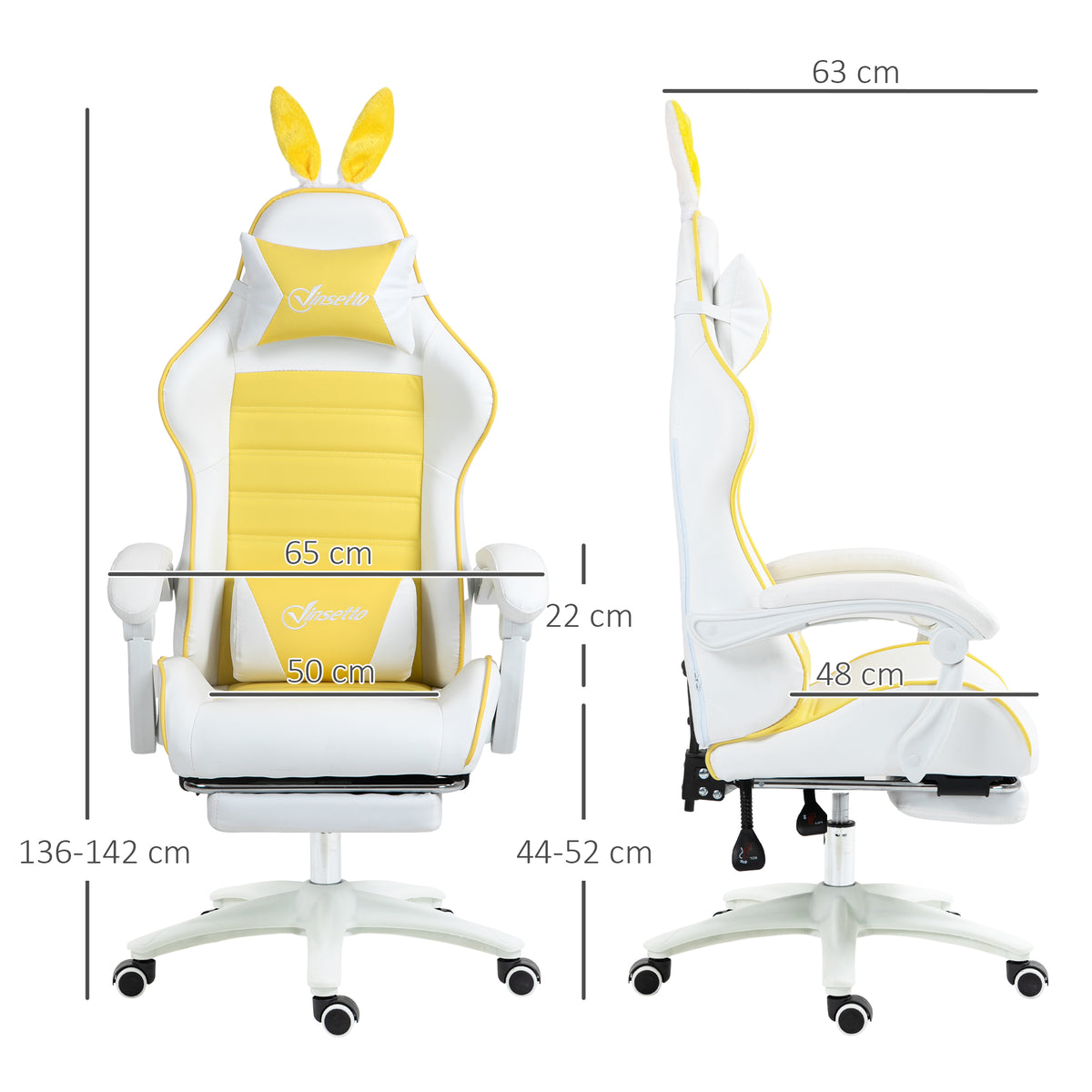 Vinsetto Gaming Chair with Rabbit Ears and Footrest, Ergonomic Computer Chair for Girls Adults, with Headrest, Lumbar Support, Reclining Back, Swivel Wheels, Yellow and White
