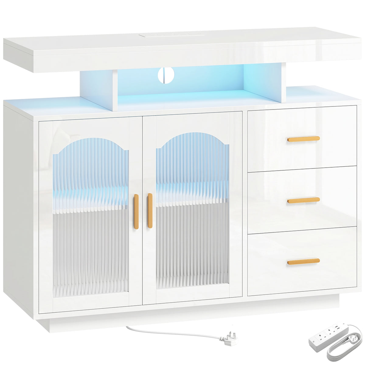 Photo of HOMCOM High Gloss Sideboard with LED Lights, Built-in Power Outlets, 3 Drawers, Shelves and 2 Acrylic Doors, White in White colour on a white background