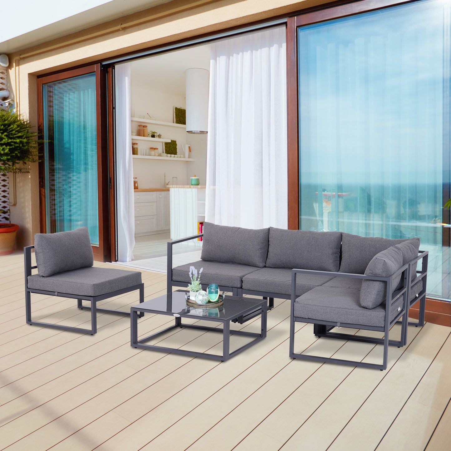 Outsunny 5 Seater Aluminium Garden Furniture Set, Garden Sofa Set with Thick Cushions for Patio and Balcony, Outdoor, Grey