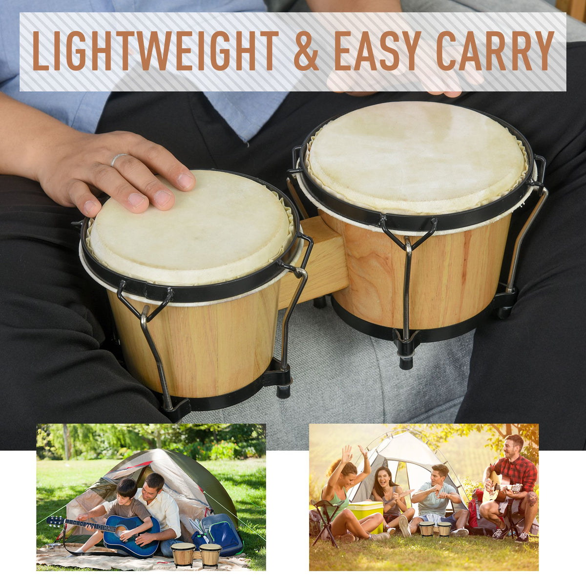 HOMCOM wooden bongo drums played by hand, with natural skin heads