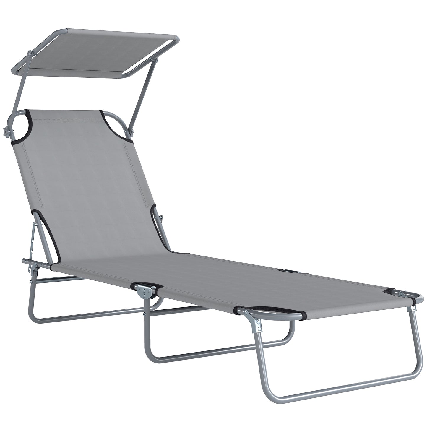 Photo of Outsunny Folding Sun Lounger with Canopy, Reclining Sunbed with 4-Position Adjustable Backrest, 600D Oxford Cloth, Portable Garden Lounger Recliner Chair for Beach, Camping, Patio, Light Grey in Grey colour on a white background