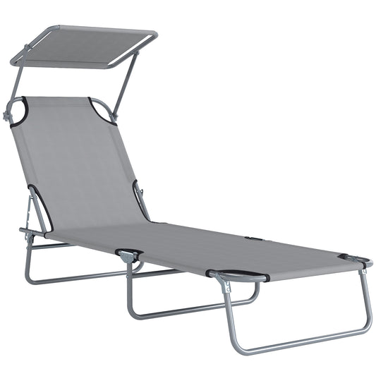 Photo of Outsunny Folding Sun Lounger with Canopy, Reclining Sunbed with 4-Position Adjustable Backrest, 600D Oxford Cloth, Portable Garden Lounger Recliner Chair for Beach, Camping, Patio, Light Grey in Grey colour on a white background