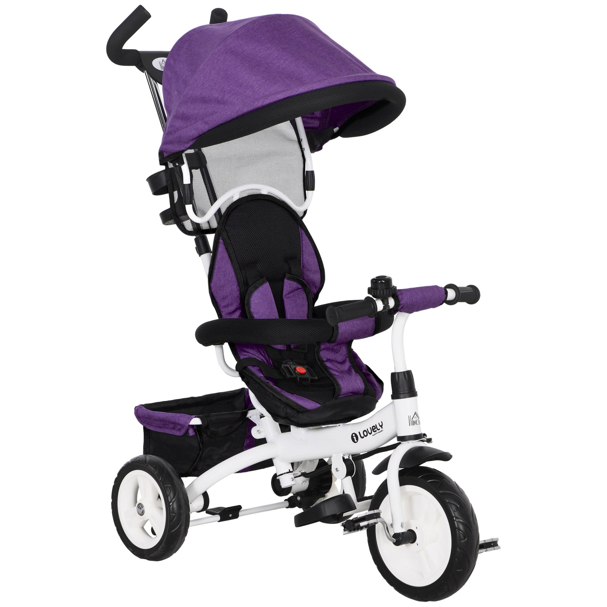 Photo of HOMCOM 6 in 1 Kids Trike Push Bike w/ Push Handle, Canopy, 5-point Seat Belt, Storage, Footrest, Brake, for 1-5 Years, Purple in Purple colour on a white background