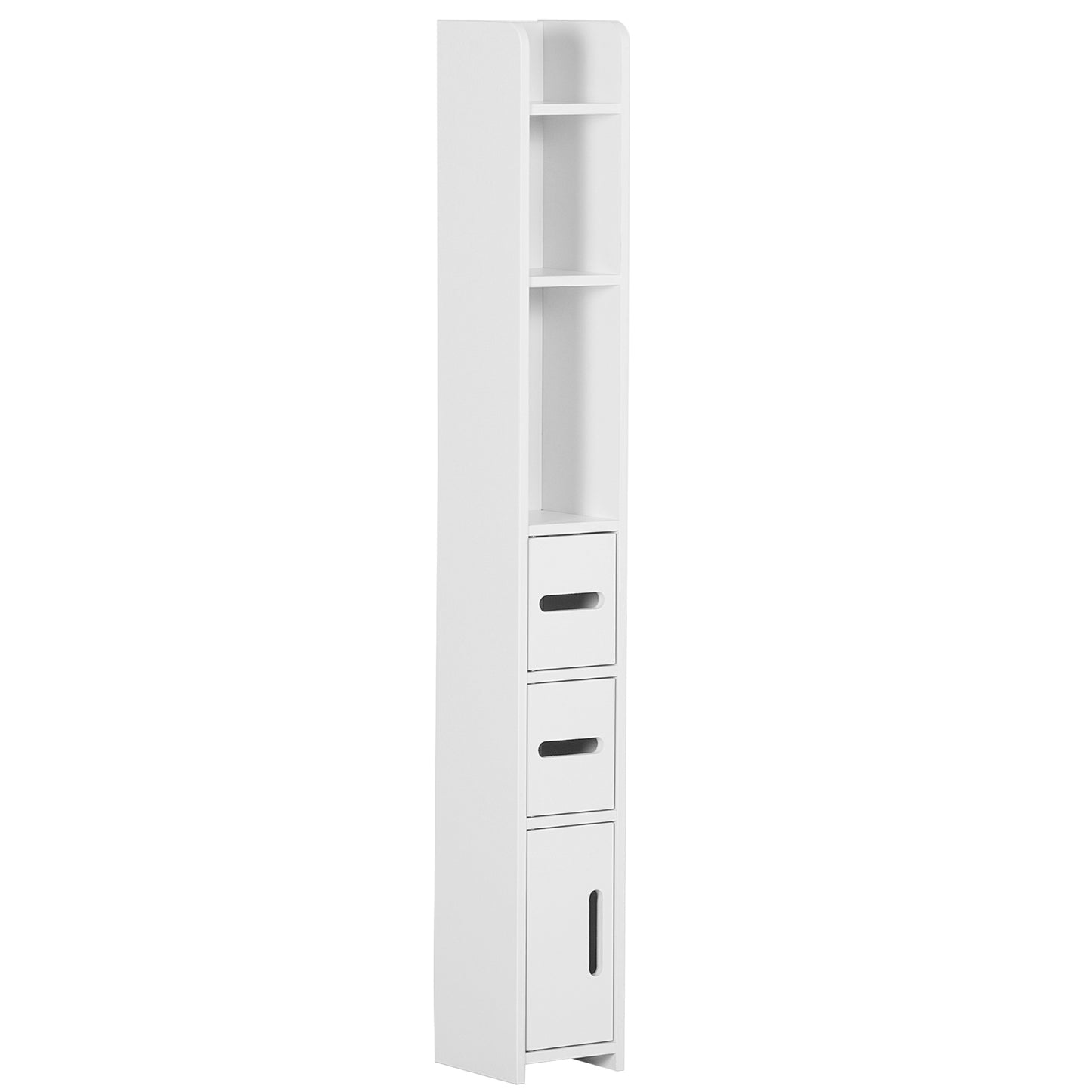 Photo of kleankin Modern Bathroom Storage Cabinet, Freestanding Tall Bathroom Cabinet with Open Shelves and 3 Cupboards with Door, for Bedroom Hallway, White in White colour on a white background