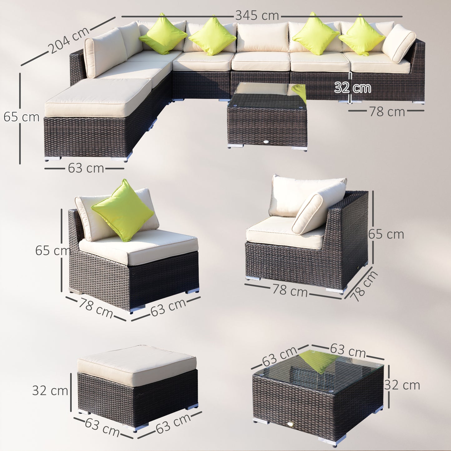 Outsunny 8 Piece Rattan Corner Sofa Set with Wide & Deep Seat, Assembled Aluminium PE Rattan Garden Furniture Set with Thick Cushions and Glass Top Table for Outdoor, Conservatory, Mixed Brown