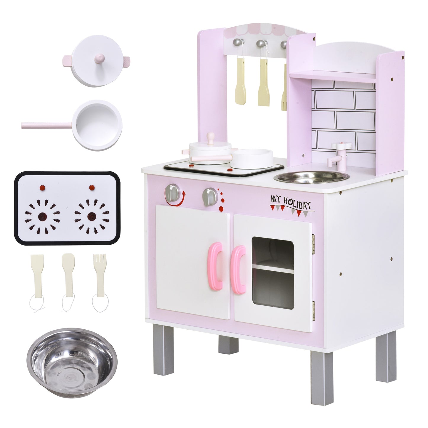 Photo of HOMCOM Kids Pretend Kitchen Playset w/ Cooking Toy Accessories - Pink in Pink colour on a white background