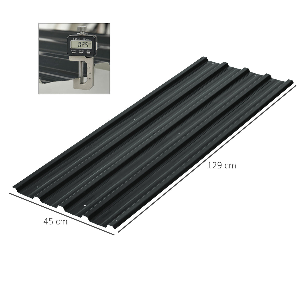 Dark gray corrugated steel roof panel with 45 by 129 cm dimensions