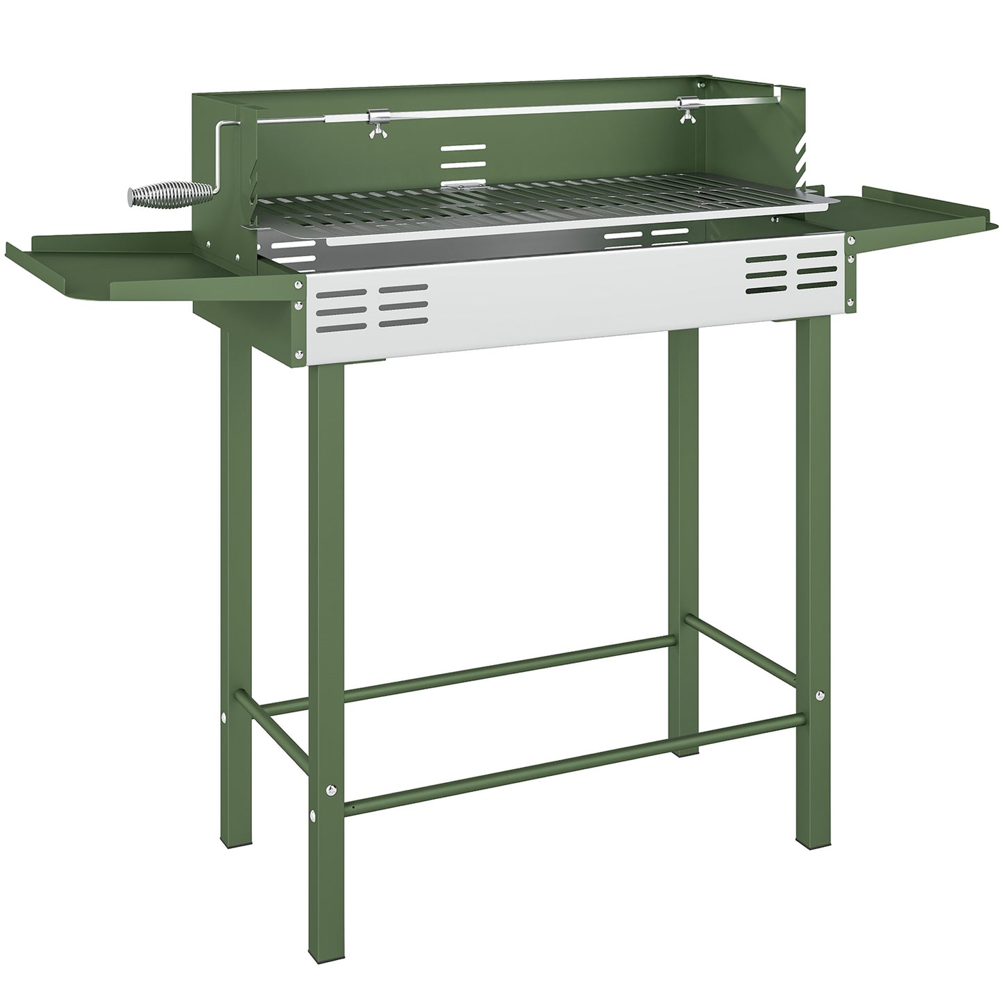 Photo of Outsunny BBQ Rotisserie Grill Roaster Charcoal Spit Roasting Machine for Chicken Turkey with 3-Level Grill Grate, Side Shelves, Dark Green in Green colour on a white background