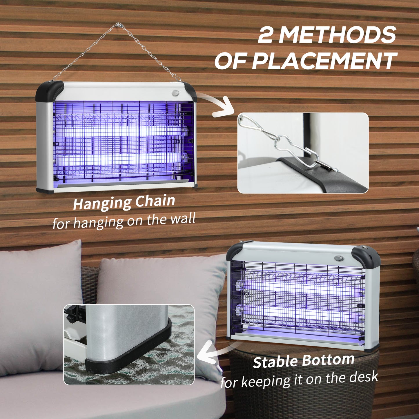 Outsunny 30W Electric Fly Zapper, Bug Zapper with UK Plug, 2 UV Bulbs, Hanging Chain, On/Off Switch and Removable Catch Tray, 60㎡ Coverage Insect Mosquito Killer for Indoor and Outdoor Use, Silver