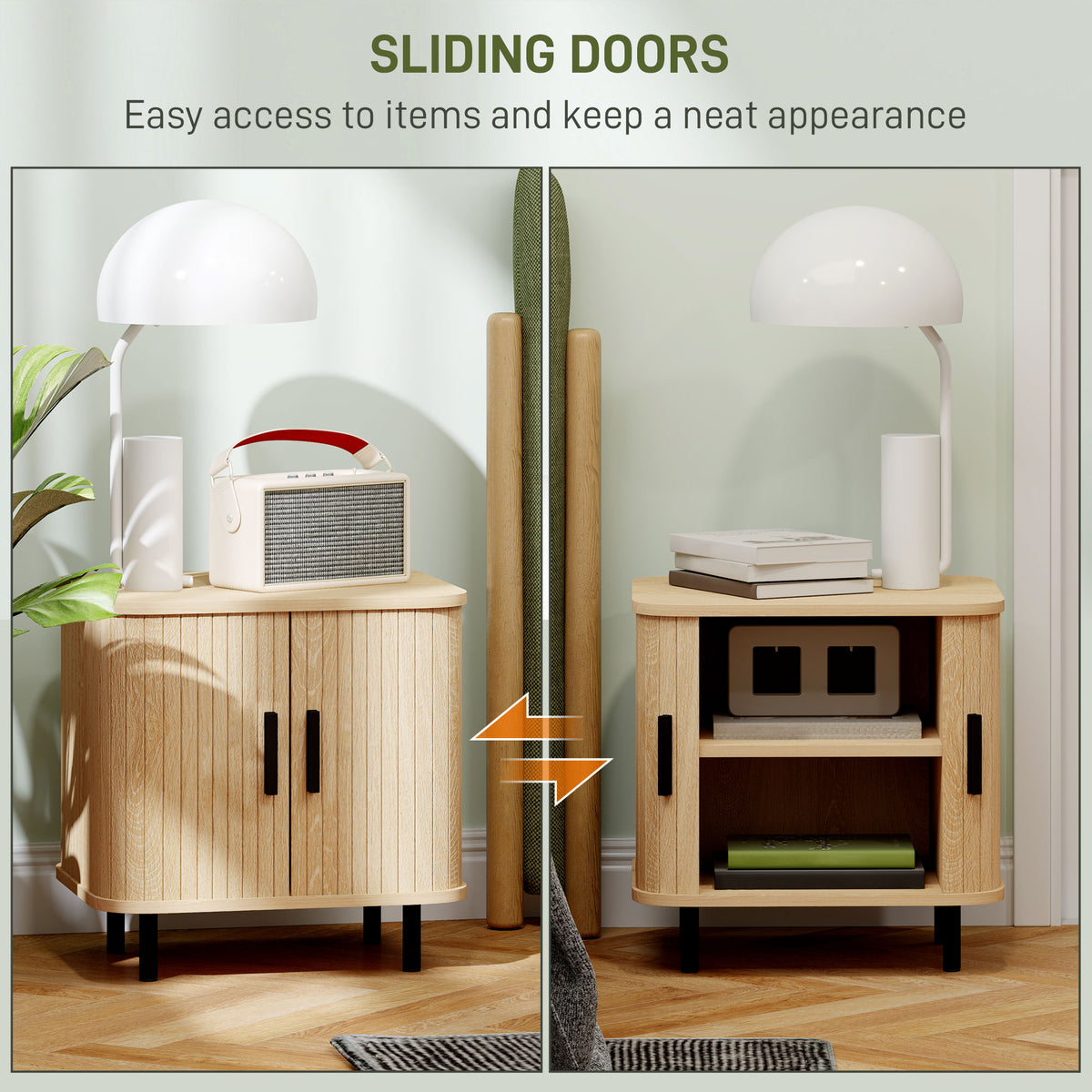 Oak-tone nightstand shown with sliding doors open to reveal two storage shelves