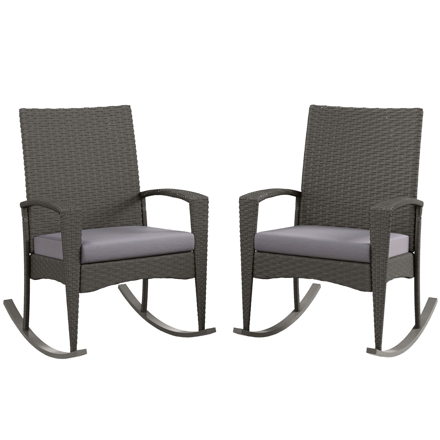 Photo of Outsunny Outdoor PE Rattan Rocking Chair Set of 2, Garden Rocking Chair Set with Armrest and Cushion, Grey in Grey colour on a white background