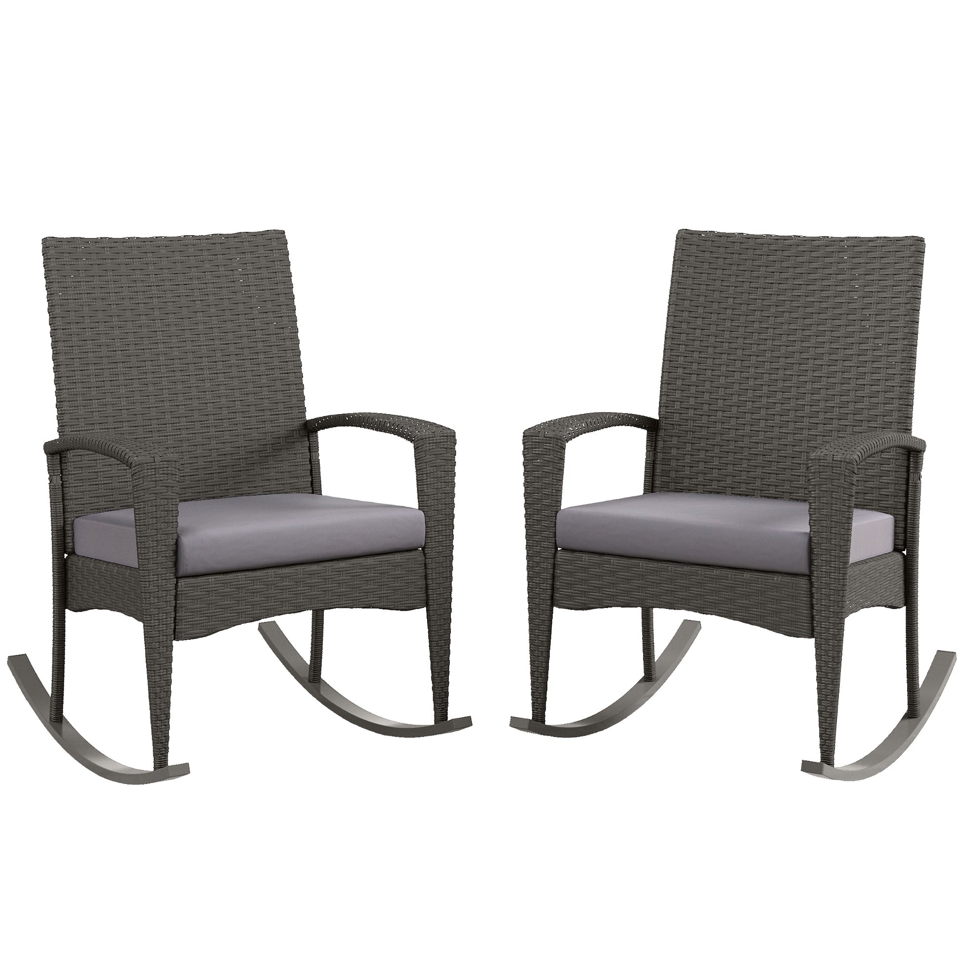 Photo of Outsunny Outdoor PE Rattan Rocking Chair Set of 2, Garden Rocking Chair Set with Armrest and Cushion, Grey in Grey colour on a white background
