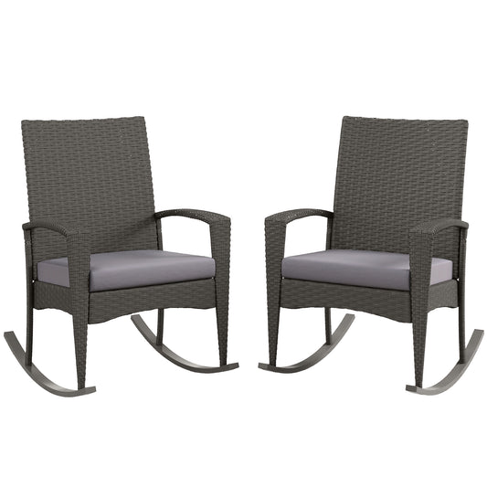 Photo of Outsunny Outdoor PE Rattan Rocking Chair Set of 2, Garden Rocking Chair Set with Armrest and Cushion, Grey in Grey colour on a white background
