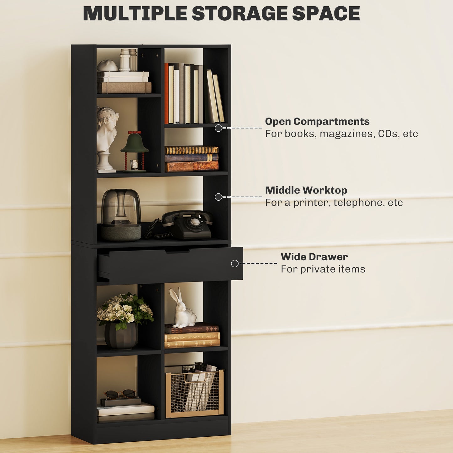 HOMCOM Tall Bookshelf with Drawer, Freestanding Bookcase for Bedroom, Living Room, Home Office, Black