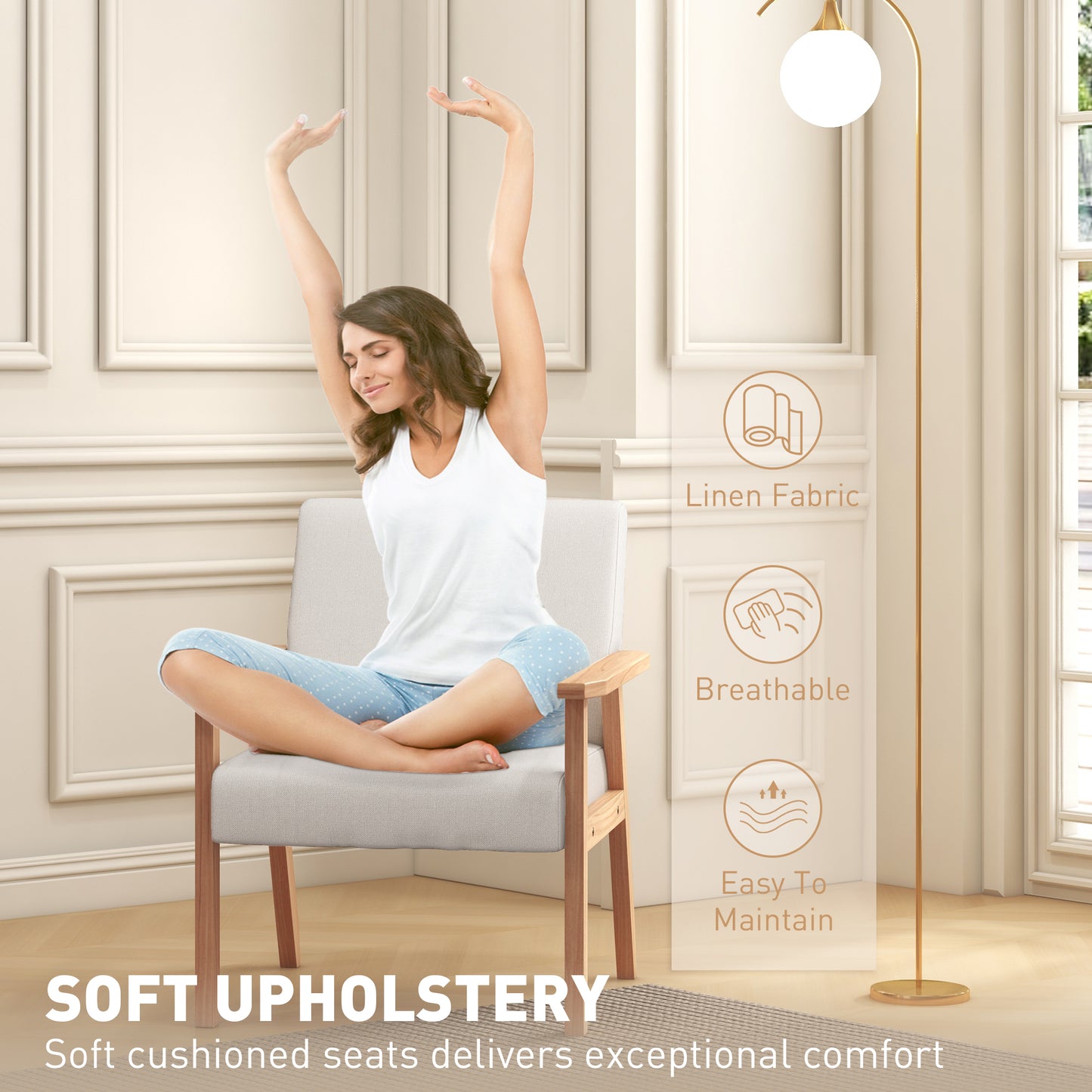 HOMCOM Modern Armchair, Linen Upholstered Accent Chair with Solid Wood Legs and Wide Seat, Padding Lounge Chair for Living Room Bedroom Office, Cream White
