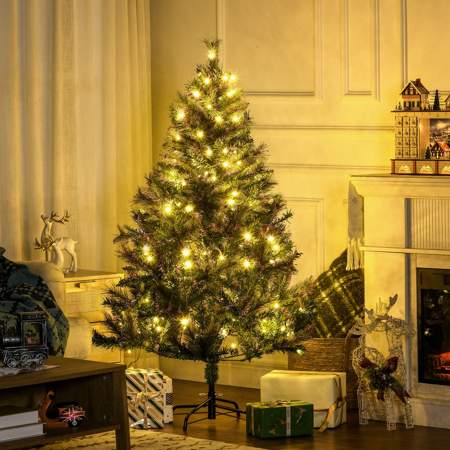 HOMCOM 1.5m 5ft Pre-Lit Christmas Tree Artificial Spruce Xmas Tree Warm White LED Holiday Décor with Metal Stand