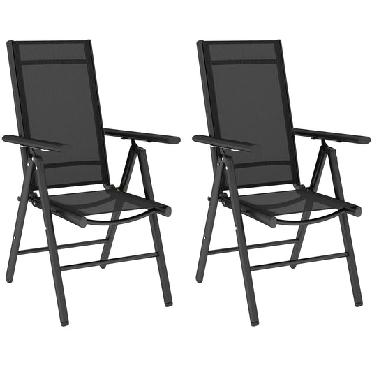 Photo of Outsunny Set of 2 Folding Garden Chairs, Aluminium Frame Outdoor Dining Chairs with Breathable Mesh Back and Seat, Garden Folding Chair Set with Armrests for Balcony, Black in Black colour on a white background