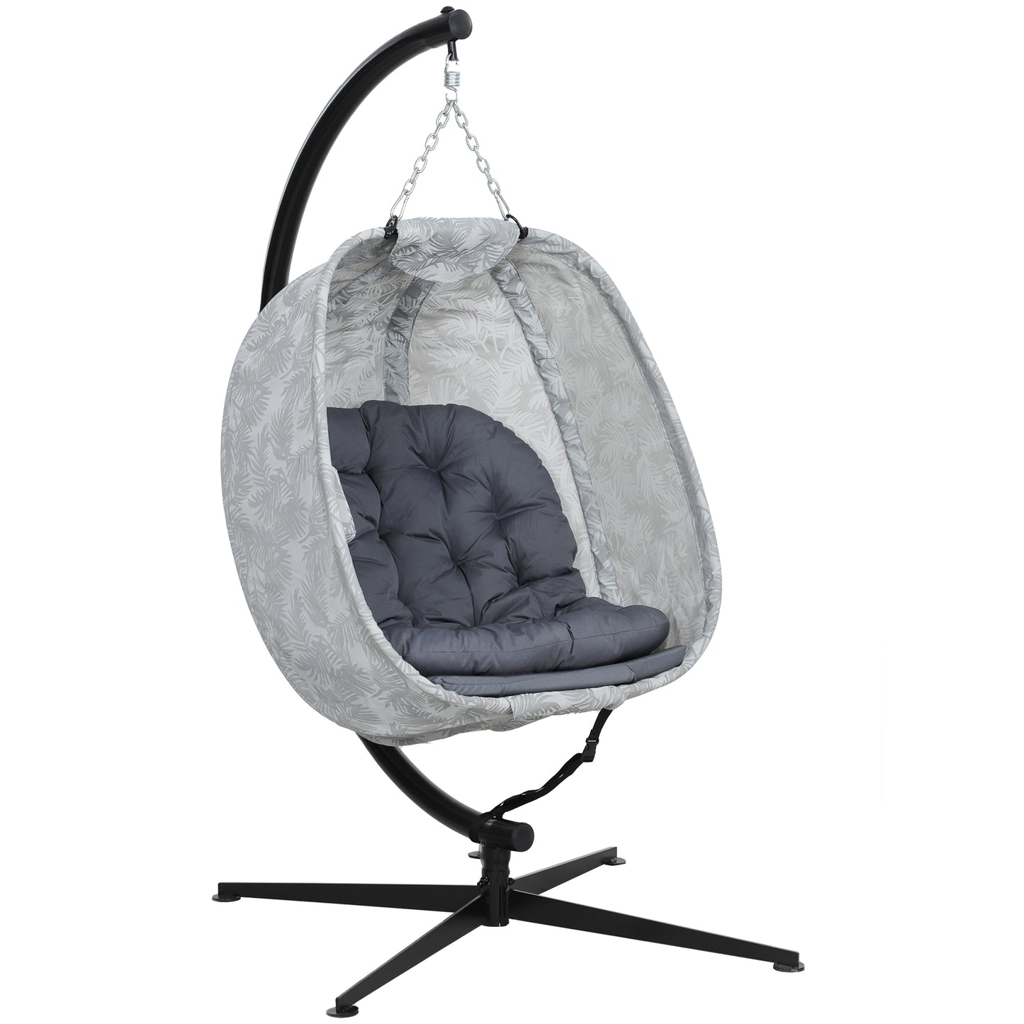 Photo of Outsunny Hanging Egg Chair Outdoor Indoor Garden Swing Chair with Folding Basket, Garden Hanging Chair with Stand, Thickened Cushion, Cup Holder for Patio, Balcony, Grey in Grey colour on a white background