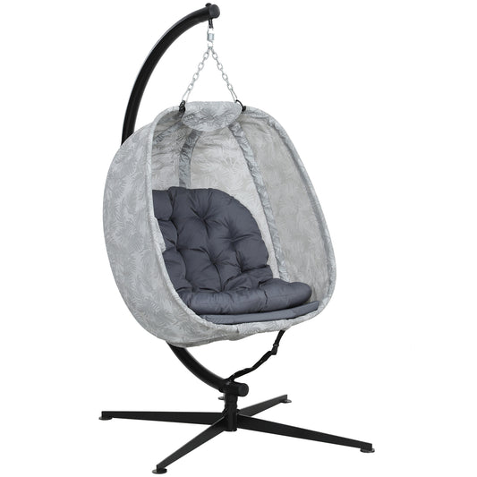 Photo of Outsunny Hanging Egg Chair Outdoor Indoor Garden Swing Chair with Folding Basket, Garden Hanging Chair with Stand, Thickened Cushion, Cup Holder for Patio, Balcony, Grey in Grey colour on a white background