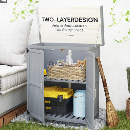 Grey wooden garden shed open to show its inner shelf, slatted base and raised hinged roof